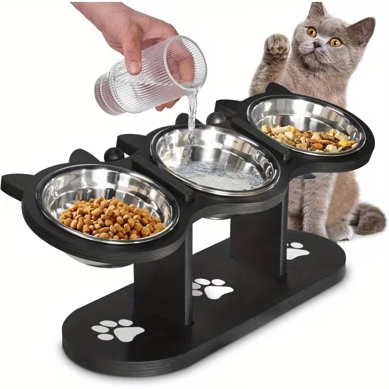 Elevated Cat Feeder with 3 Stainless Steel Bowls